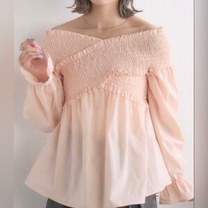 Sugar Lips Off-Shoulder Smocked Peasant Top in Blush Pink
